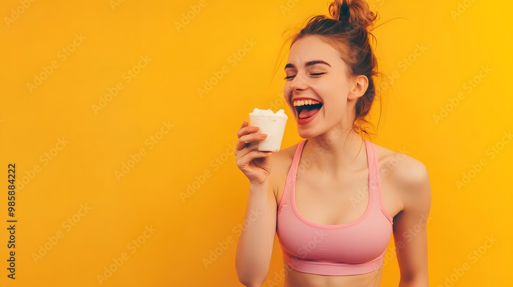 A young woman in a pink sports bra smiles while enjoying a snack. A young woman in a pink sports bra smiles while enjoying a snack.
