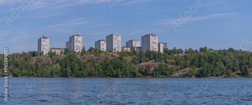 Photography Panorama, the apartment block Bodal on the island Lidingö, a sunny summer day in