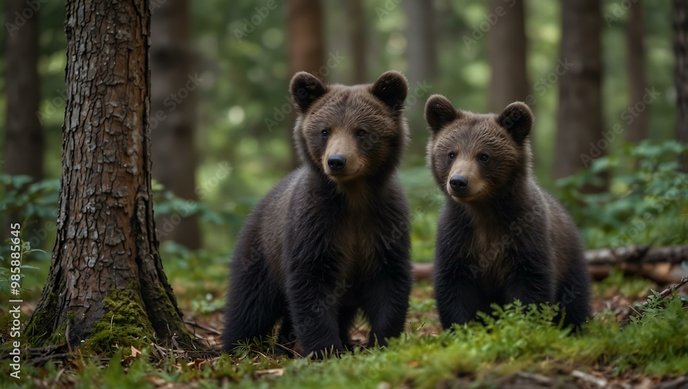 Adorable bear cubs exploring their forest habitat. Adorable bear cubs exploring their forest habitat.