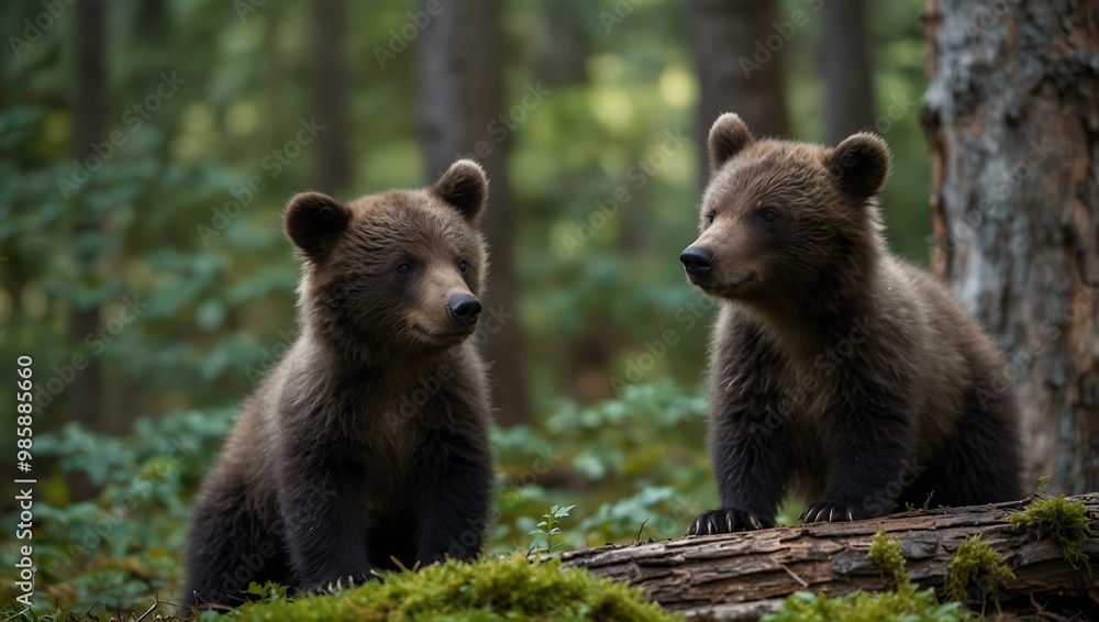 Adorable bear cubs exploring their forest habitat. Adorable bear cubs exploring their forest habitat.