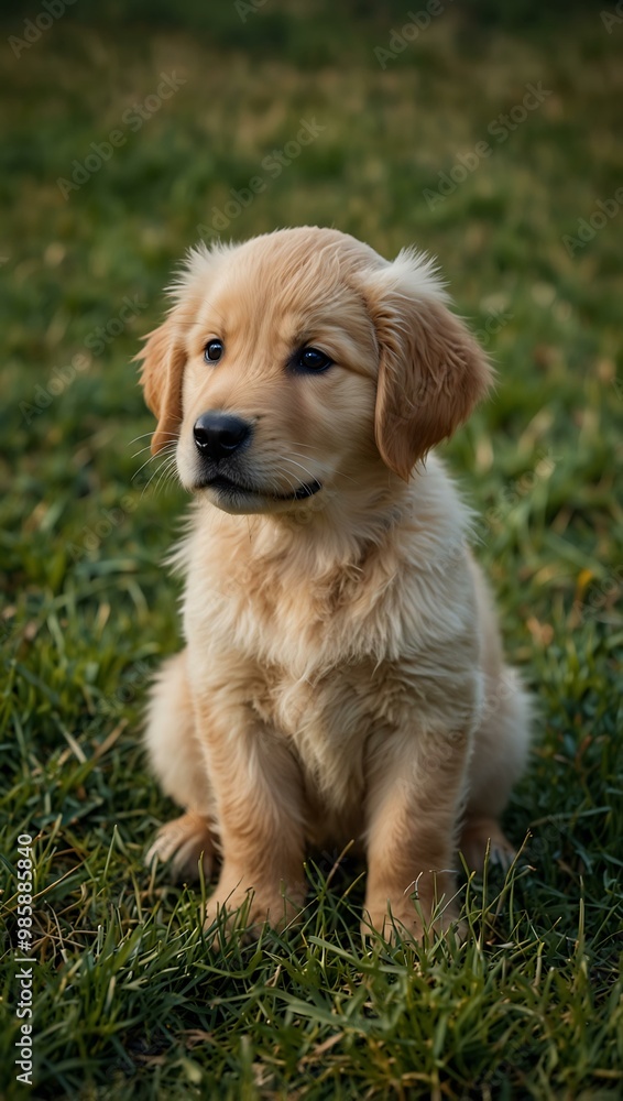 Adorable golden retriever puppy sitting in green grass. Adorable golden retriever puppy sitting in green grass.