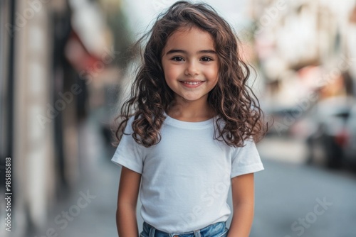 Wallpaper Mural close-up photo of happy child girl wearing white, blank t-shirt mockup against street background Torontodigital.ca