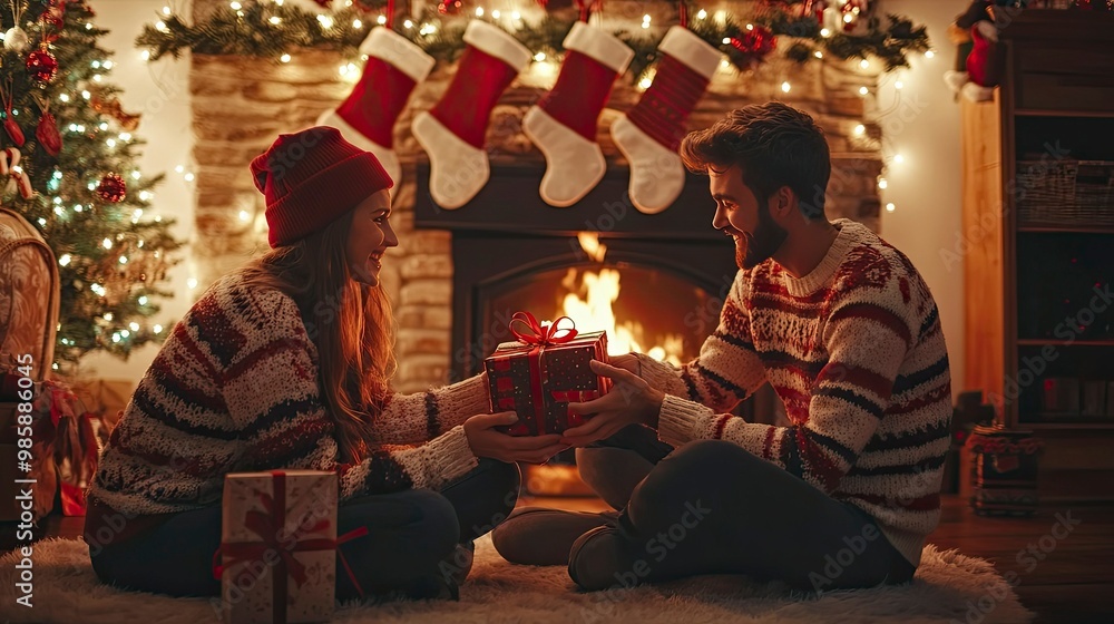 Friends in matching sweaters exchanging presents near a fireplace, Christmas stockings hanging above in a cozy room. Friends in matching sweaters exchanging presents near a fireplace, Christmas stockings hanging above in a cozy room.