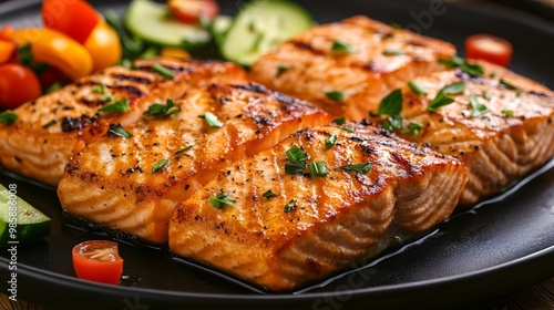 Gebratener Lachs mit Gemüse auf einem schwarzen Tisch photo