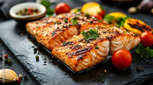 Gebratener Lachs mit Gemüse auf einem schwarzen Tisch photo