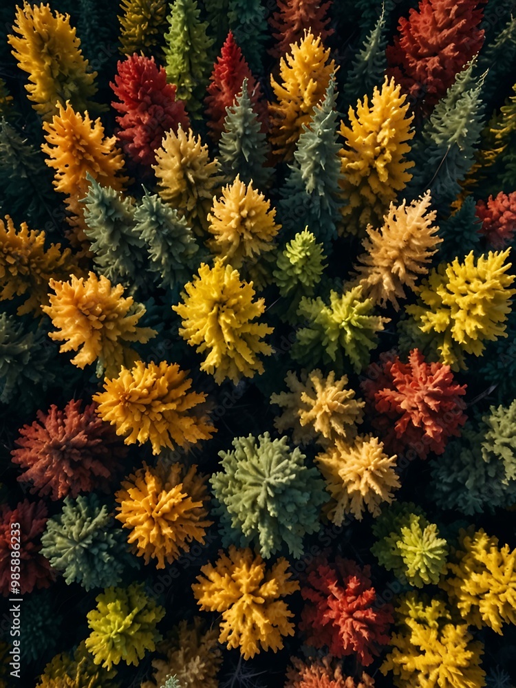 Aerial view of a forest in autumn, showcasing rich fall colors. Aerial view of a forest in autumn, showcasing rich fall colors.