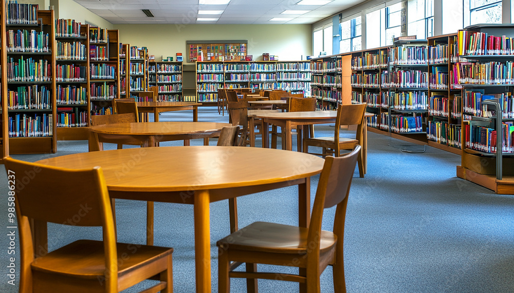 a empty library with table , chairs and books with isolated background generated by AI a empty library with table , chairs and books with isolated background generated by AI