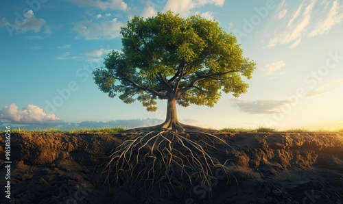 Wallpaper Mural A tree with widespread roots stands in a field, representing nature, resilience, and the passage of time. Free copy space for banner. Torontodigital.ca