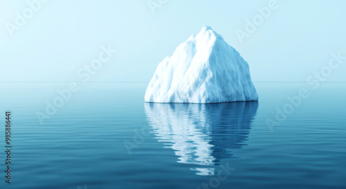 A serene iceberg rising from calm waters, reflecting a tranquil sky, showcasing nature's beauty and ice formations.