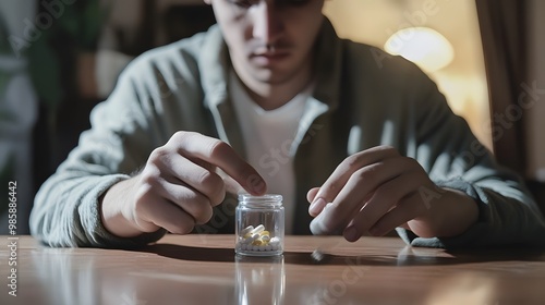 A young man reaches for a pill bottle on a wooden table.