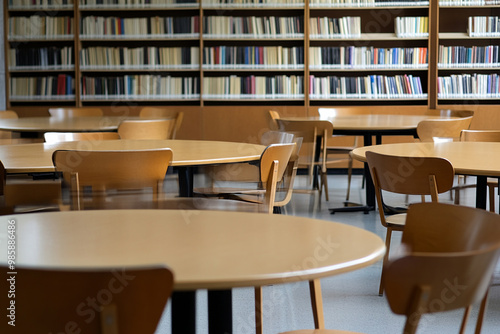 a empty library with table , chairs and books with isolated background generated by AI