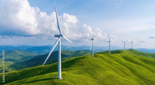 A scenic view of wind turbines on lush green hills under a bright blue sky, symbolizing renewable energy and sustainability.