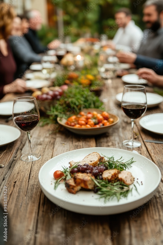 A beautifully set dining table with a delicious meal, surrounded by people enjoying a gathering, showcasing gourmet dishes and wine. A beautifully set dining table with a delicious meal, surrounded by people enjoying a gathering, showcasing gourmet dishes and wine.