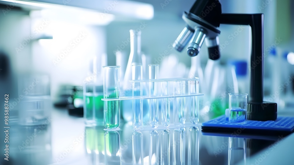 Close-up of test tubes and a microscope in a laboratory setting. Close-up of test tubes and a microscope in a laboratory setting.