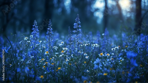 Wildflowers in spring forest at night, blue Herb Trinity in bloom, moody and atmospheric photo