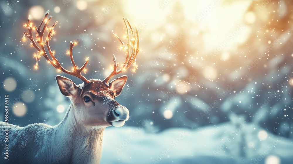 Reindeer with Glowing Antlers in a Snowy Winter Wonderland.** A magical scene of a reindeer with antlers lit up by glowing lights, standing gracefully in a snowy landscape as snowflakes Reindeer with Glowing Antlers in a Snowy Winter Wonderland.** A magical scene of a reindeer with antlers lit up by glowing lights, standing gracefully in a snowy landscape as snowflakes