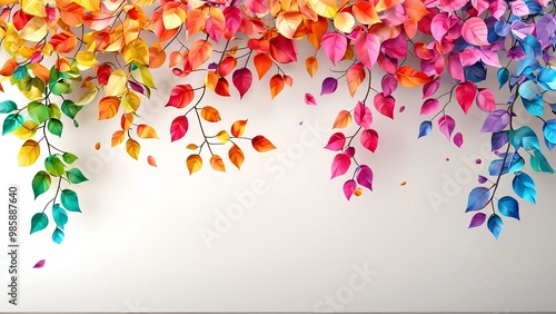 Fototapeta Naklejka Na Ścianę i Meble -  Colorful tree with leaves on hanging branches illustration background. 3d abstraction wallpaper . Floral tree with multicolor leaves 