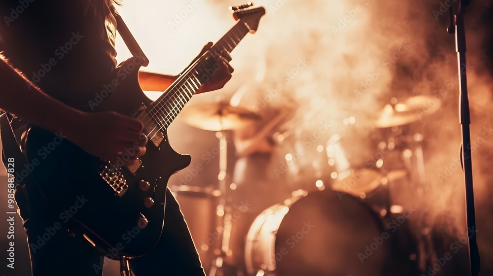 © Felippe Lopes - A guitarist plays on stage in front of a drummer, with smoke and lights illuminating the scene.
