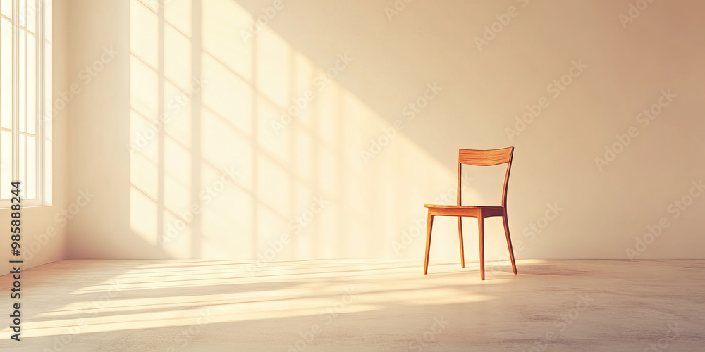 Quiet Space: An empty room, bathed in gentle light, with a single wooden chair in the center. Quiet Space: An empty room, bathed in gentle light, with a single wooden chair in the center.