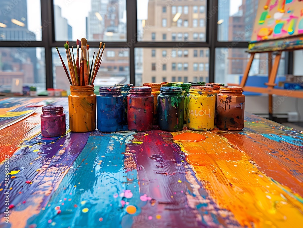Artist's studio with an unfinished canvas brushes and vibrant paint splatters on the floor Artist's studio with an unfinished canvas brushes and vibrant paint splatters on the floor