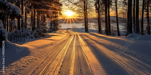 A serene winter evening unfolds as the sun sets over a snow-covered path within a peaceful forest, casting warm light through trees