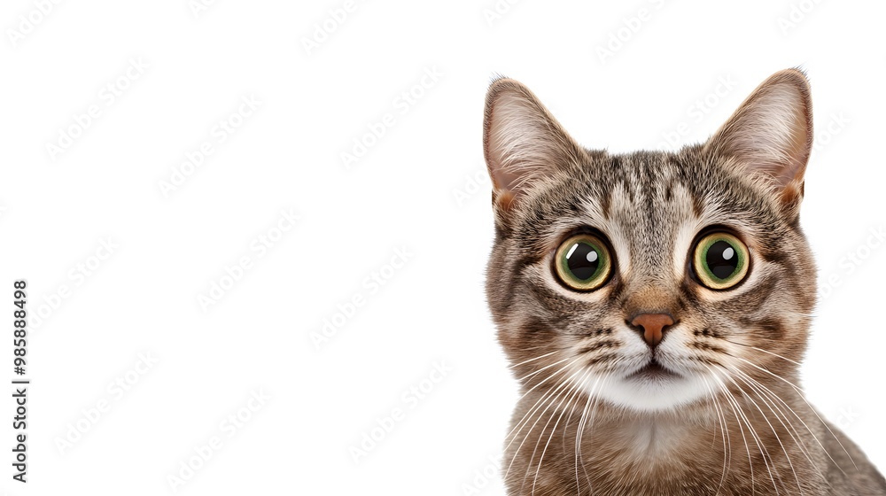A tabby cat with big green eyes stares intently at the camera. A tabby cat with big green eyes stares intently at the camera.
