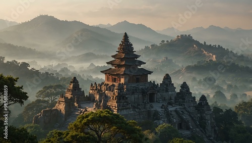 Ancient stone temple with three towers and hazy hills in the background.