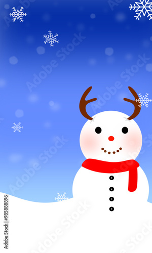 This image shows a snowman with reindeer antlers, a red scarf, and a happy face, surrounded by falling snowflakes. It represents the festive and playful spirit of Christmas during wintertime.