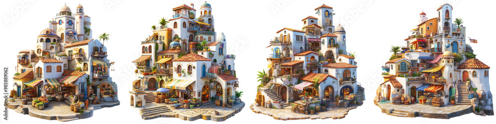 Fototapeta premium set of Coastal towns with local markets, traditional architecture and local markets Coastal towns with local markets, traditional architecture and markets, on a transparent backgrounds