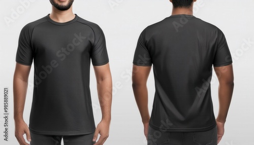 Blank black t shirt with hood mock up, front and back view. Generated image