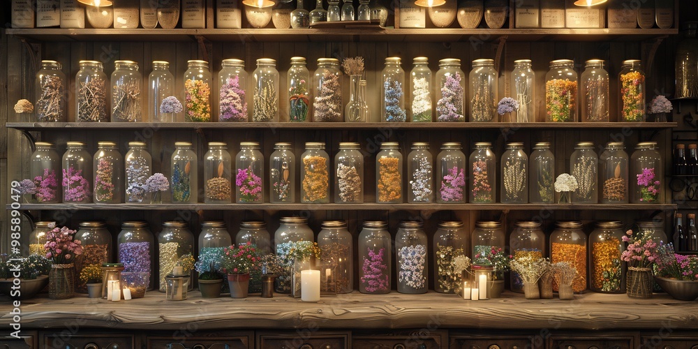 Oldworld apothecary filled with glass jars of herbs dried flowers and potions lit by candlelight with a wooden counter and shelves lined with vintage bottles Oldworld apothecary filled with glass jars of herbs dried flowers and potions lit by candlelight with a wooden counter and shelves lined with vintage bottles