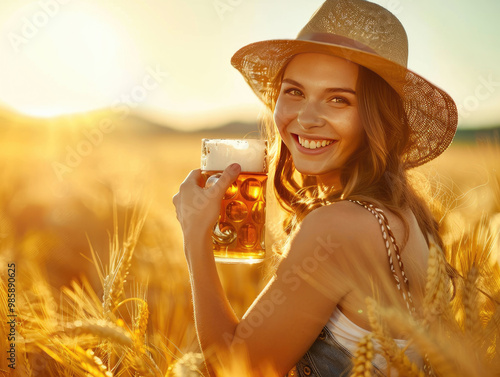 A joyful young woman in a sunlit wheat field, holding a frothy beer mug and smiling. The warm, golden light creates a festive, countryside atmosphere, perfect for Oktoberfest or harvest themes. photo