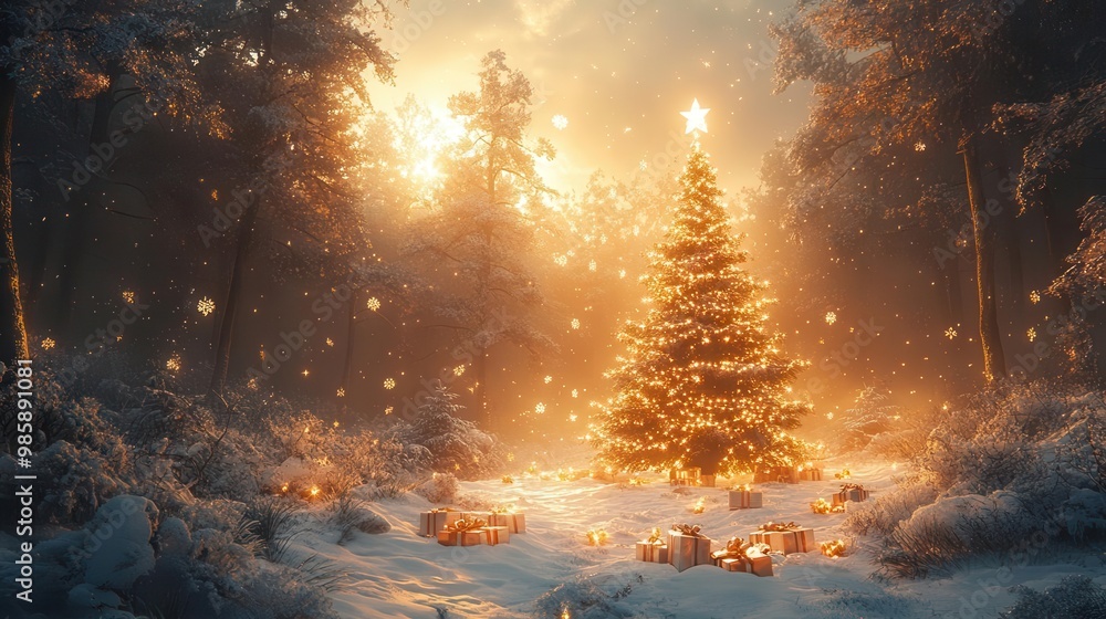 enchanted winter scene with a glowing white christmas tree adorned with floating magical ornaments and surrounded by shimmering gift boxes in a snowy forest clearing enchanted winter scene with a glowing white christmas tree adorned with floating magical ornaments and surrounded by shimmering gift boxes in a snowy forest clearing