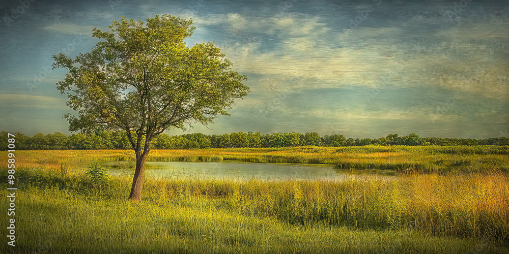 Obraz premium An open field, with only a single tree and a small pond to capture the eye.