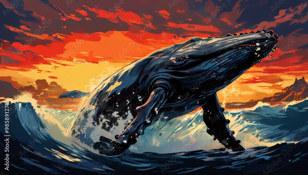 A stunning digital illustration of a humpback whale breaching the ocean ...