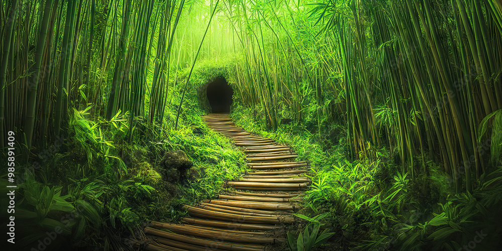 Fototapeta premium A winding path through a bamboo forest, leading to a hidden grotto.