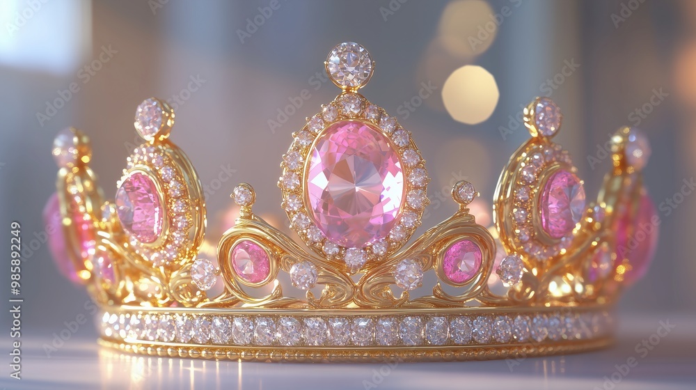 Elegant golden crown adorned with pink gemstones and diamonds Elegant golden crown adorned with pink gemstones and diamonds