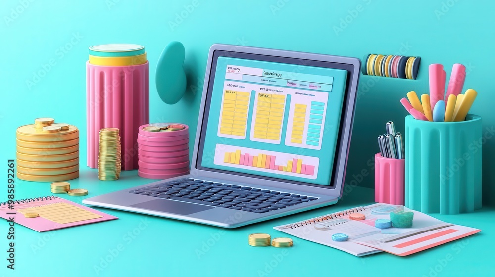 Obraz premium Colorful workspace with a laptop, stationery, and creative supplies, perfect for productivity and inspiration.