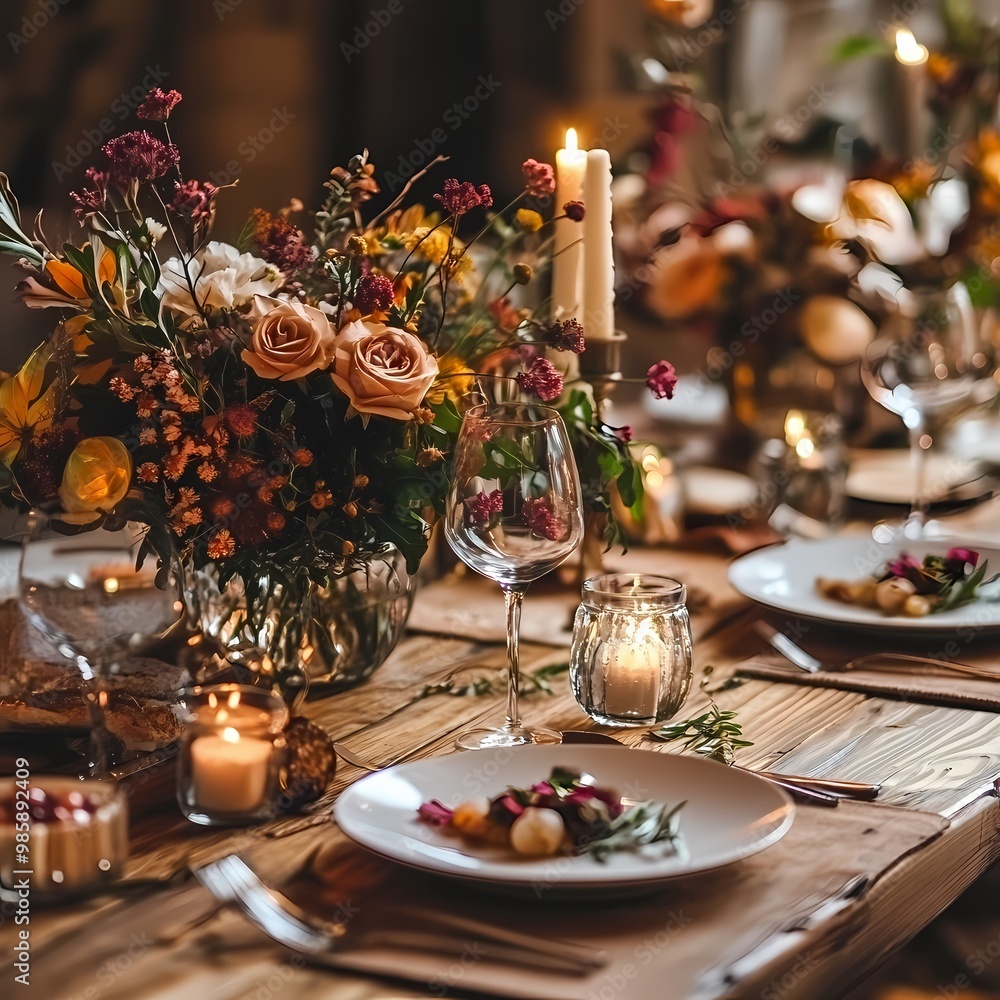 Rustic Thanksgiving Feast: Candles and Autumn Blooms Adorned Table for Restaurant and Event Branding Rustic Thanksgiving Feast: Candles and Autumn Blooms Adorned Table for Restaurant and Event Branding