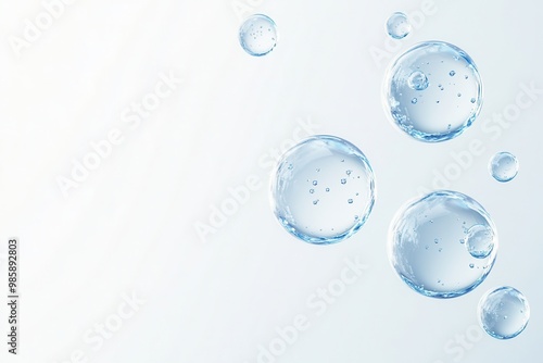 Close-up of three blue water molecule cells floating in the air, abstract background