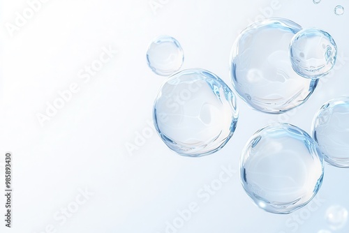Close-up of three blue water molecule cells floating in the air, abstract background