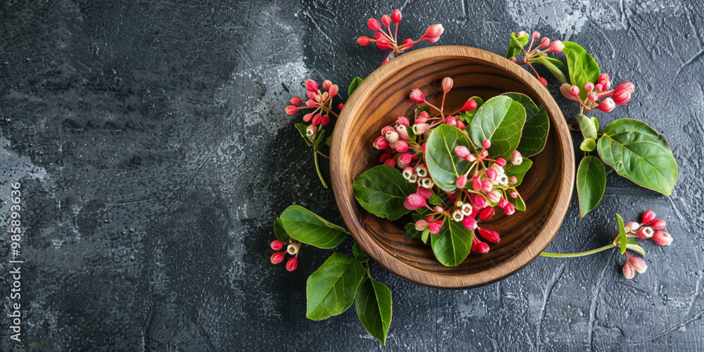Fresh Cranberries in Wooden Bowls with Green Leaves on Dark Surface Fresh Cranberries in Wooden Bowls with Green Leaves on Dark Surface
