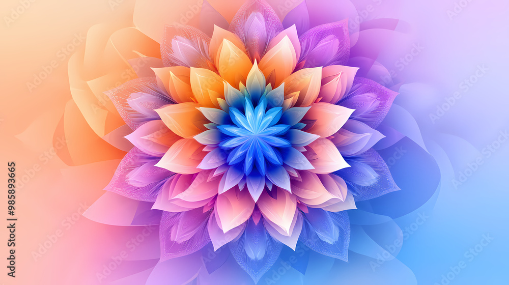 Colorful mandala design with layered petals in shades of purple, blue, orange, and pink on a soft gradient background. Mandala. Illustration Colorful mandala design with layered petals in shades of purple, blue, orange, and pink on a soft gradient background. Mandala. Illustration