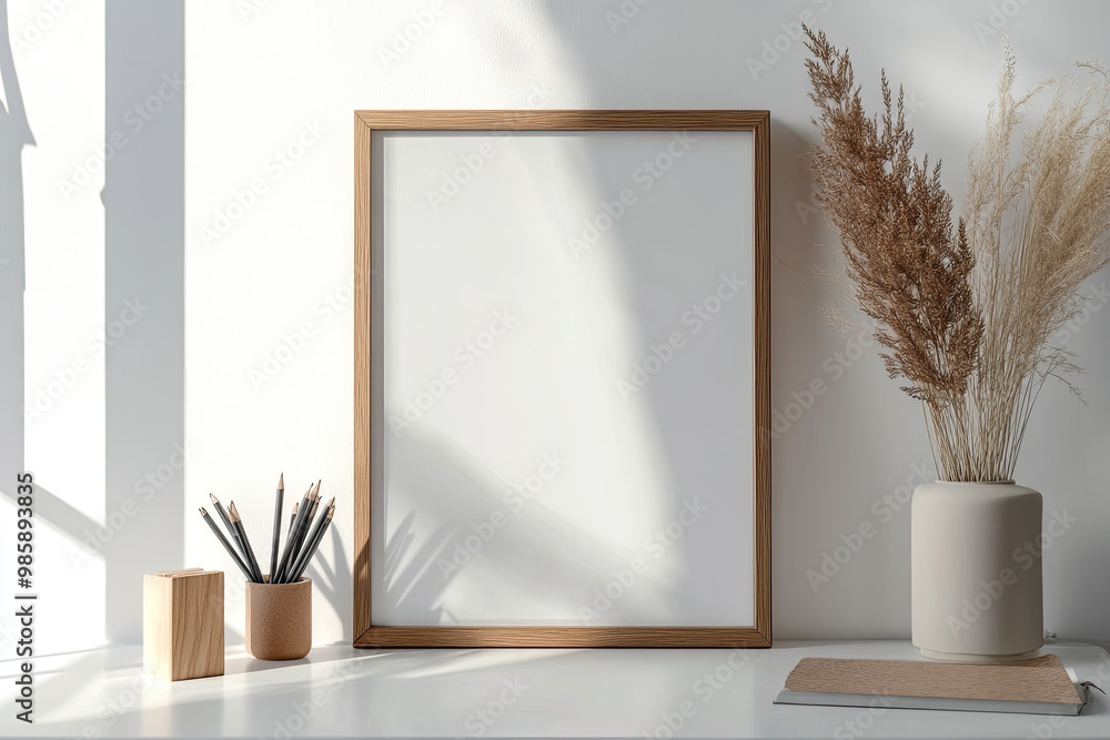 Dark wooden picture frame mockup on a shelf with dried flowers and a mason jar, blank white interior for design, white wall background. Created with Ai Dark wooden picture frame mockup on a shelf with dried flowers and a mason jar, blank white interior for design, white wall background. Created with Ai