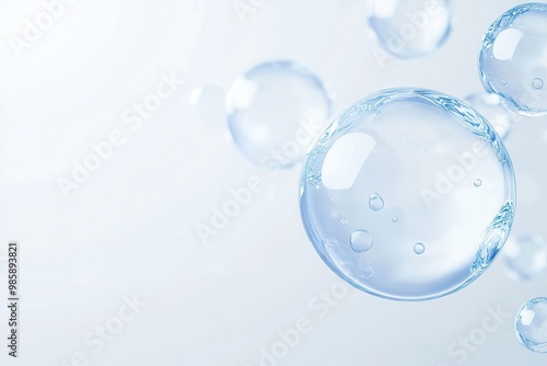 Close-up of three blue water molecule cells floating in the air, abstract background