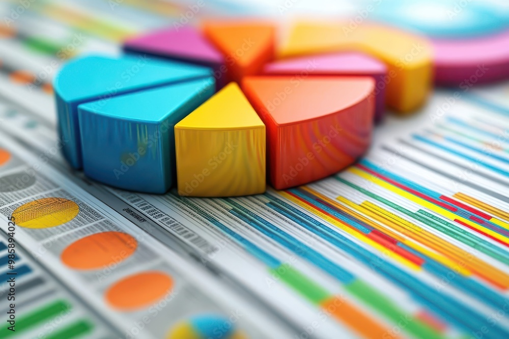 Vibrant pie chart segments on a colorful data background, symbolizing analysis, statistics, and visual data representation. Vibrant pie chart segments on a colorful data background, symbolizing analysis, statistics, and visual data representation.
