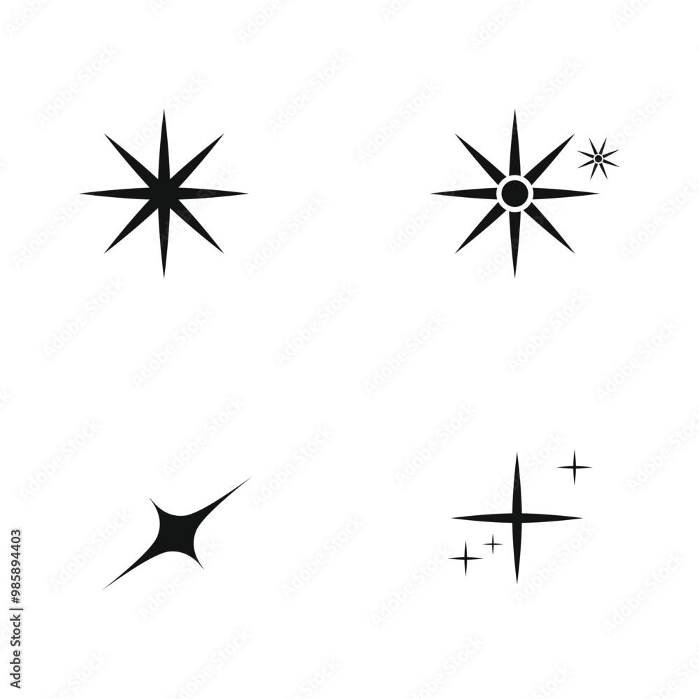 Shine or sparkle vector set of stars in black color on white background. Sparkle star icons. Shine icon. s Shine or sparkle vector set of stars in black color on white background. Sparkle star icons. Shine icon. s