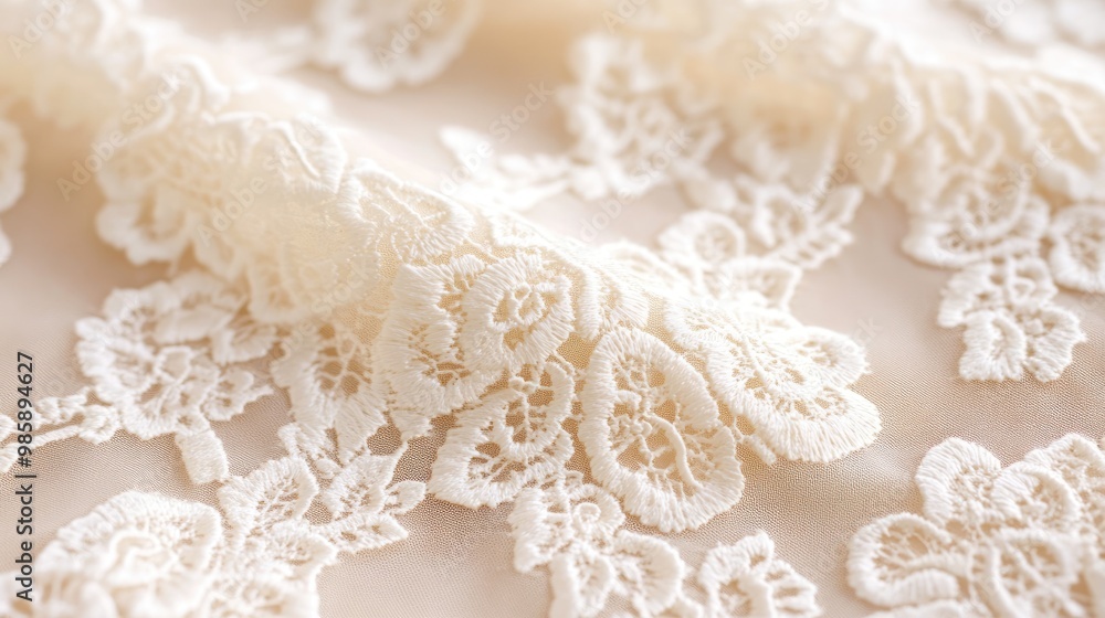 A delicate lace fabric in soft cream tones, featuring intricate floral patterns and a smooth texture, perfect for elegant garments and decorative details. A delicate lace fabric in soft cream tones, featuring intricate floral patterns and a smooth texture, perfect for elegant garments and decorative details.
