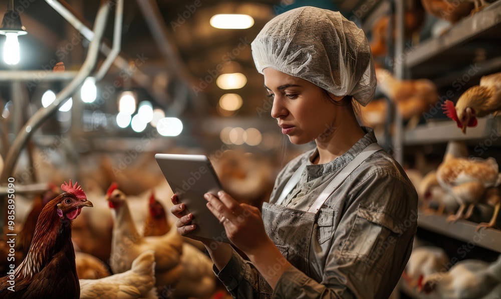 A woman in protective clothing uses a tablet while inspecting a poultry farm, highlighting modern farming practices. Free copy space for banner. A woman in protective clothing uses a tablet while inspecting a poultry farm, highlighting modern farming practices. Free copy space for banner.