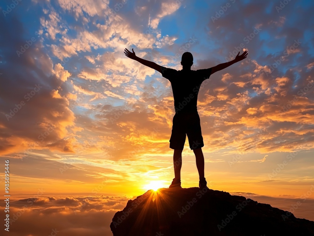Fototapeta premium A person standing on a cliff, arms wide open, embracing the sunrise, representing a hopeful and positive outlook on life